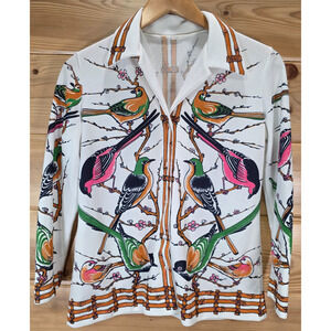 VTG 70s Long Sleeve Button Blouse Bird Nature Blazer Top Women 18.5"X24"